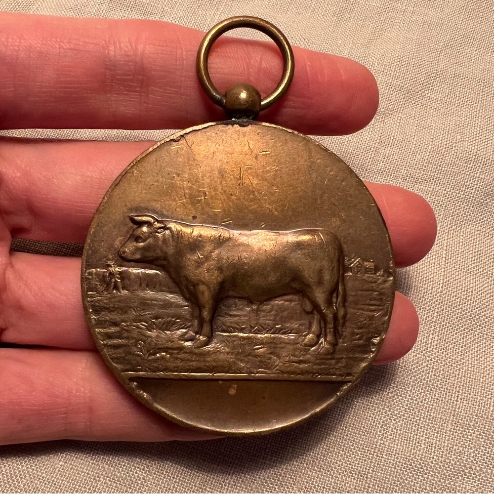 Vintage French Belgian large bronze cow medal agricultural heavy 1932 1930s